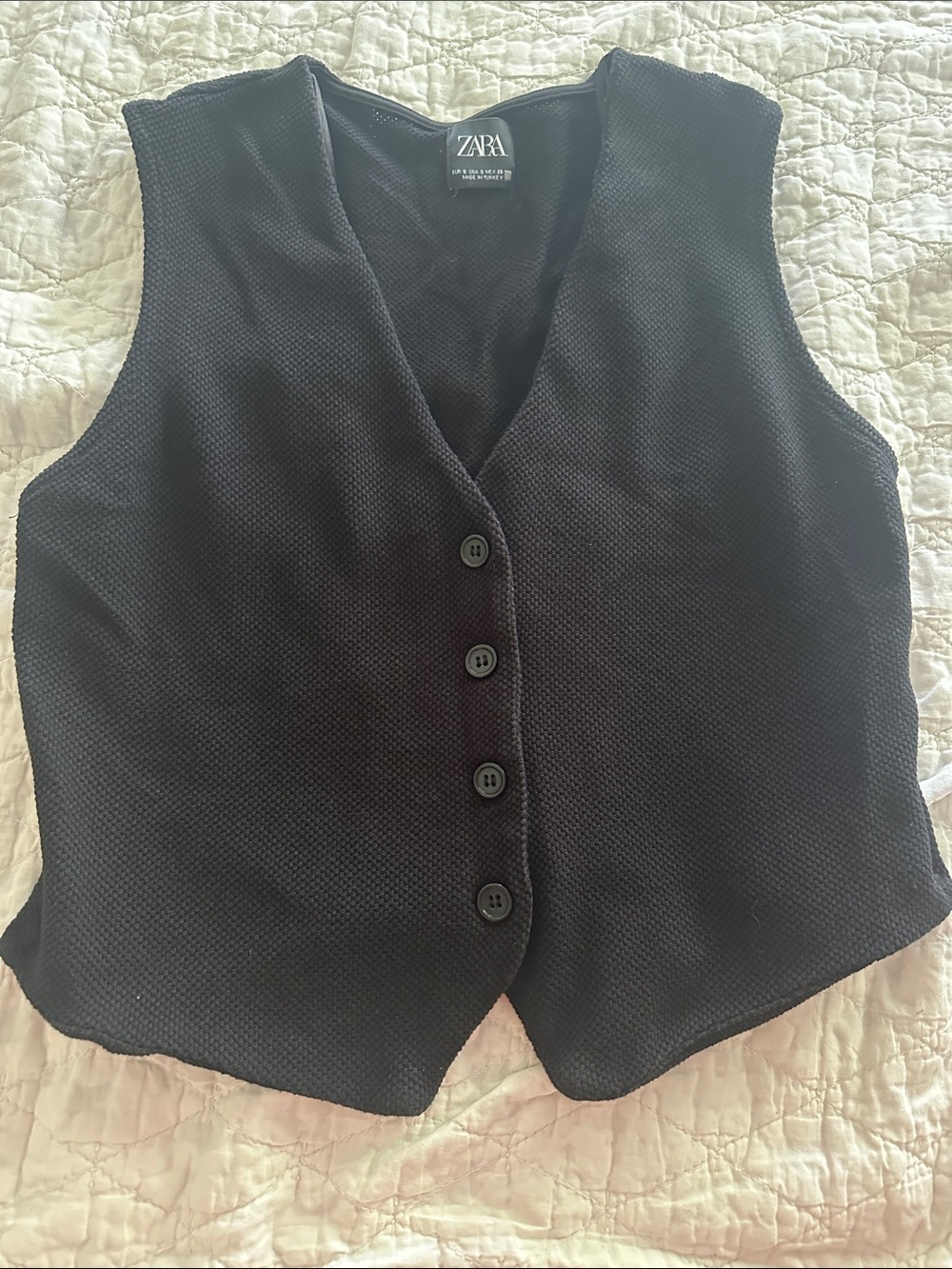 Zara Black Textured Button-Up Vest cotton